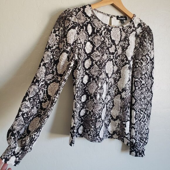 Express Snakeskin Print Puff Sleeve Top Black/White Size Women's XS Keyhole Back - Picture 6 of 10